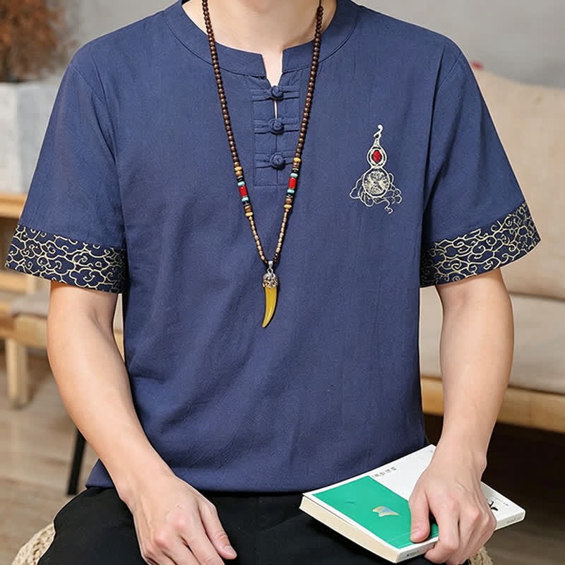 Nimara Ritual Summer Tang Style Frog Button Embroidery Gourd Solid Men's Short Sleeve Shirts