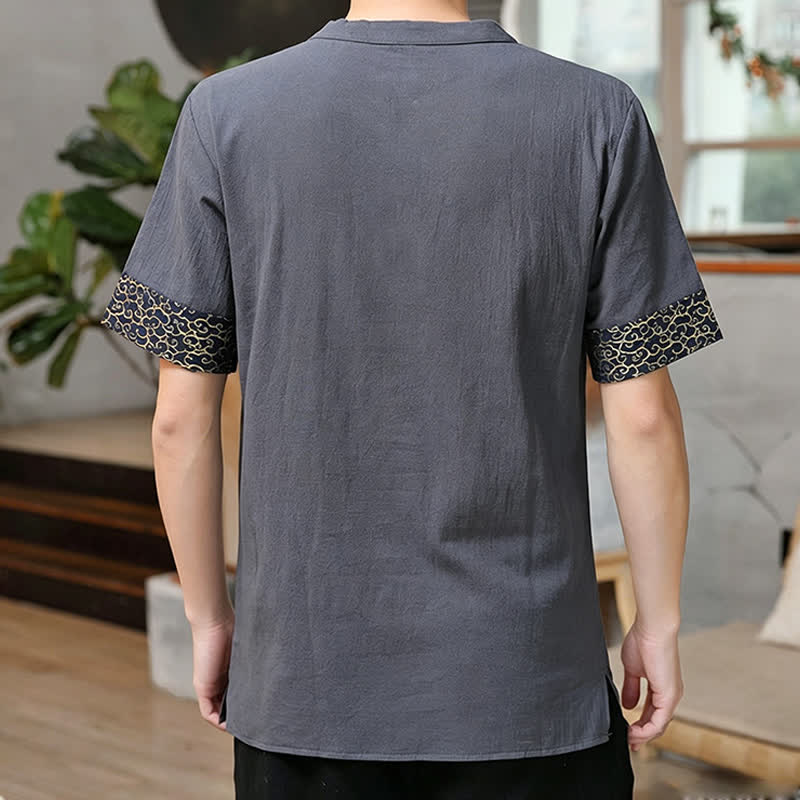 Nimara Ritual Summer Tang Style Frog Button Embroidery Gourd Solid Men's Short Sleeve Shirts