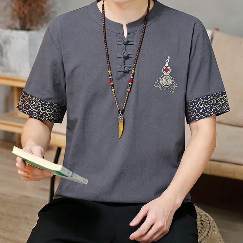 Nimara Ritual Summer Tang Style Frog Button Embroidery Gourd Solid Men's Short Sleeve Shirts