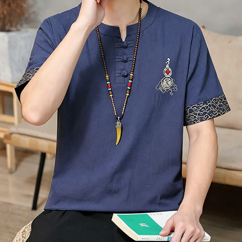 Nimara Ritual Summer Tang Style Frog Button Embroidery Gourd Solid Men's Short Sleeve Shirts