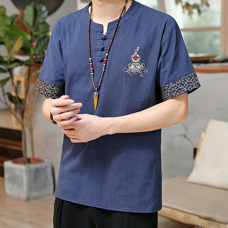 Nimara Ritual Summer Tang Style Frog Button Embroidery Gourd Solid Men's Short Sleeve Shirts