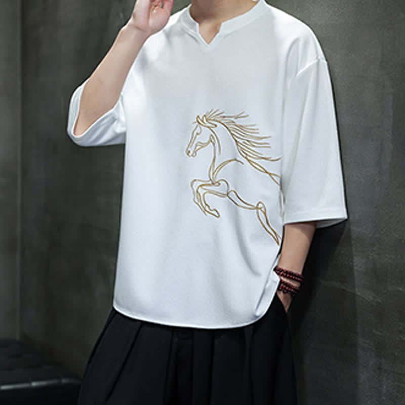 Nimara Ritual Summer Casual Minimalist Embroidery Horse Cotton Men's Short Sleeve T-Shirts