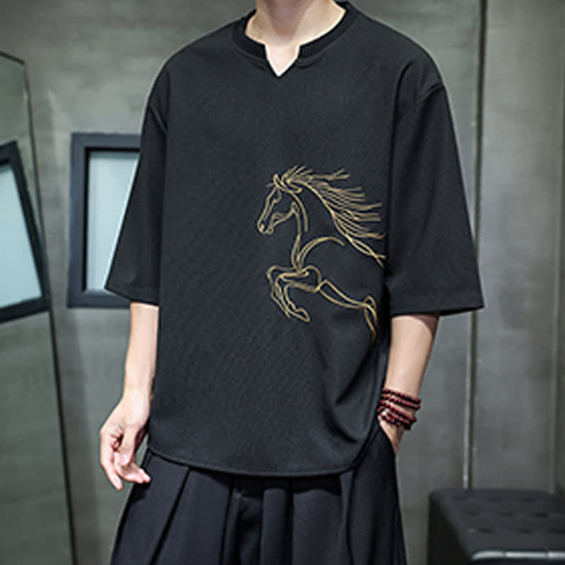 Nimara Ritual Summer Casual Minimalist Embroidery Horse Cotton Men's Short Sleeve T-Shirts