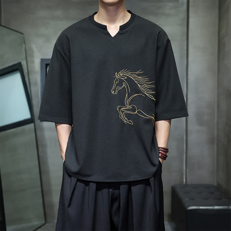 Nimara Ritual Summer Casual Minimalist Embroidery Horse Cotton Men's Short Sleeve T-Shirts