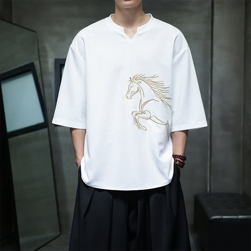 Nimara Ritual Summer Casual Minimalist Embroidery Horse Cotton Men's Short Sleeve T-Shirts