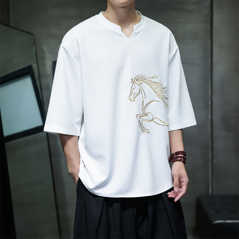 Nimara Ritual Summer Casual Minimalist Embroidery Horse Cotton Men's Short Sleeve T-Shirts
