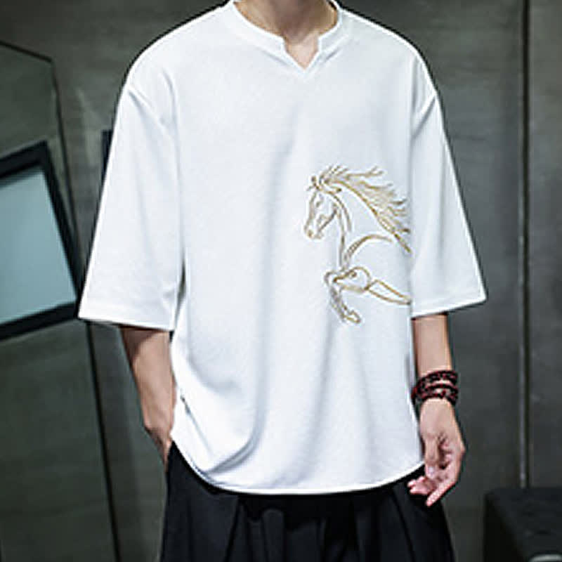 Nimara Ritual Summer Casual Minimalist Embroidery Horse Cotton Men's Short Sleeve T-Shirts