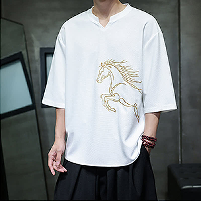 Nimara Ritual Summer Casual Minimalist Embroidery Horse Cotton Men's Short Sleeve T-Shirts