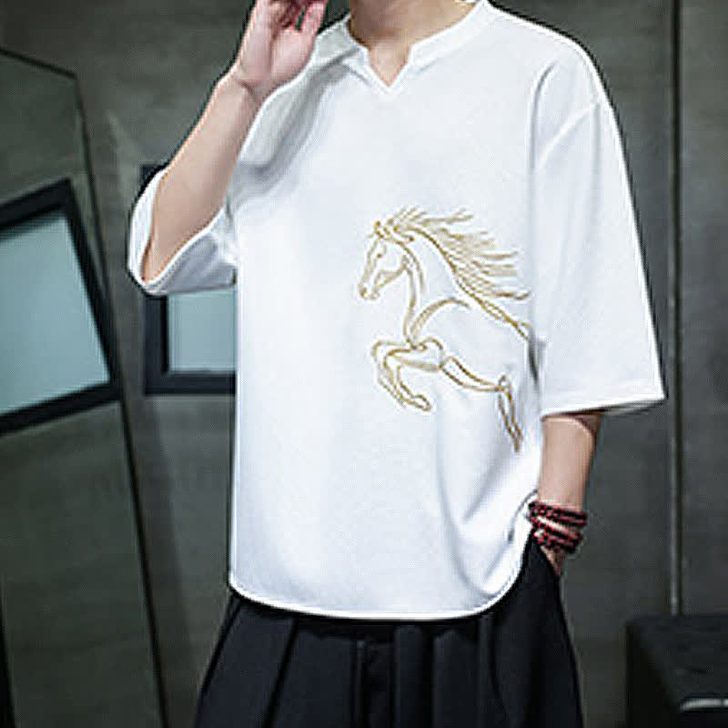 Nimara Ritual Summer Casual Minimalist Embroidery Horse Cotton Men's Short Sleeve T-Shirts