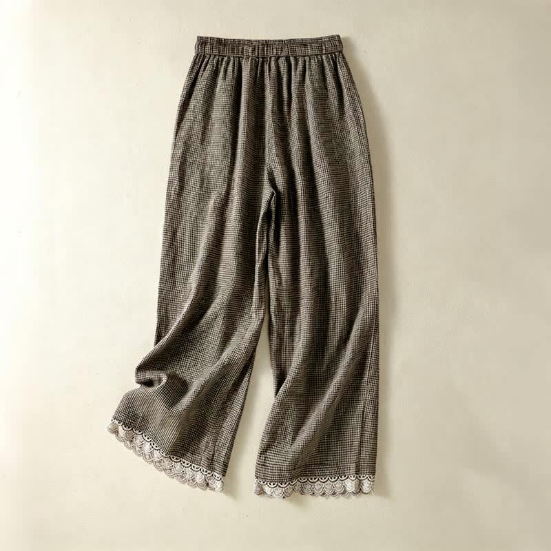 Nimara Ritual Summer Casual Drawstring Plaid Linen Ankle Pants Women's Wide Leg Pants With Pocket