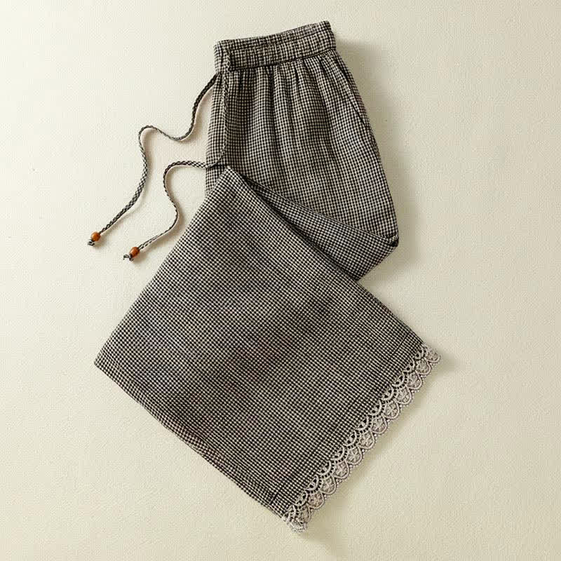 Nimara Ritual Summer Casual Drawstring Plaid Linen Ankle Pants Women's Wide Leg Pants With Pocket