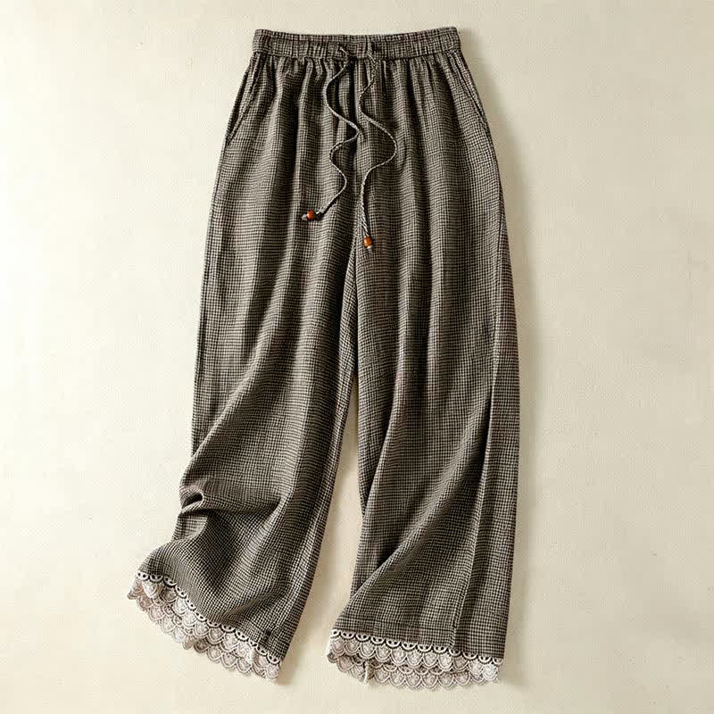 Nimara Ritual Summer Casual Drawstring Plaid Linen Ankle Pants Women's Wide Leg Pants With Pocket