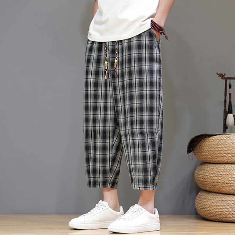 Nimara Ritual Summer Casual Drawstring Plaid Capri Pants Men's Harem Pants With Pockets