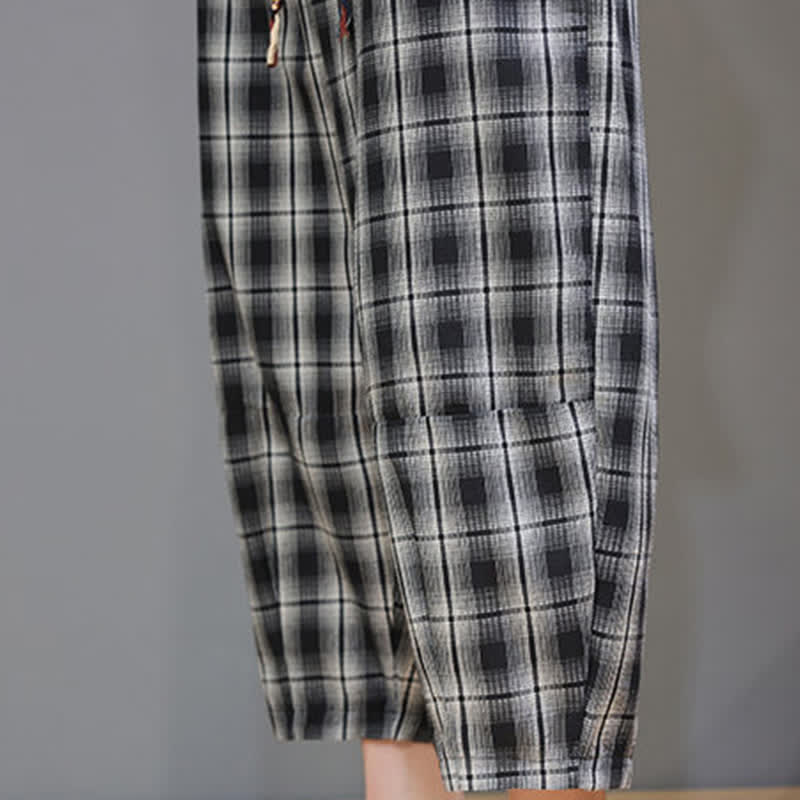 Nimara Ritual Summer Casual Drawstring Plaid Capri Pants Men's Harem Pants With Pockets