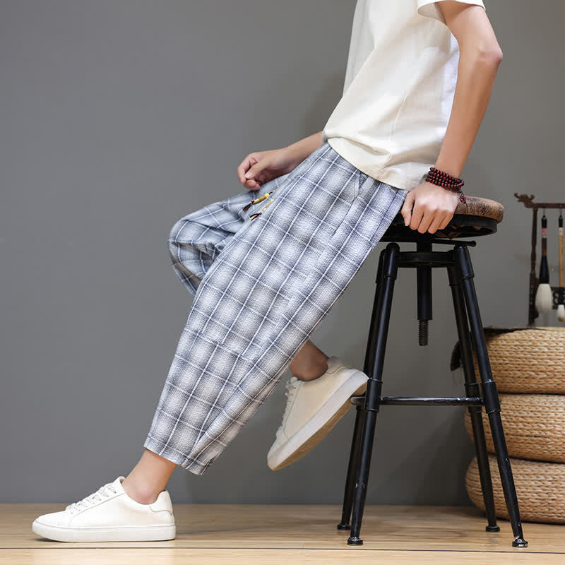 Nimara Ritual Summer Casual Drawstring Plaid Capri Pants Men's Harem Pants With Pockets