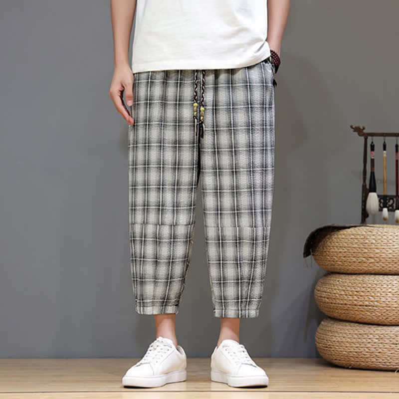 Nimara Ritual Summer Casual Drawstring Plaid Capri Pants Men's Harem Pants With Pockets