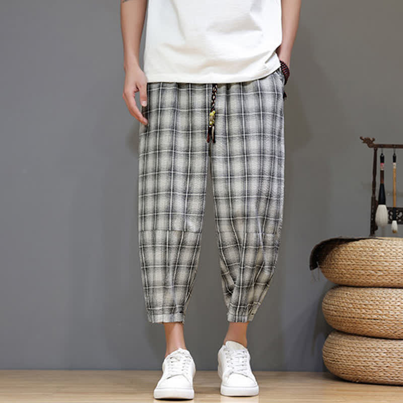 Nimara Ritual Summer Casual Drawstring Plaid Capri Pants Men's Harem Pants With Pockets
