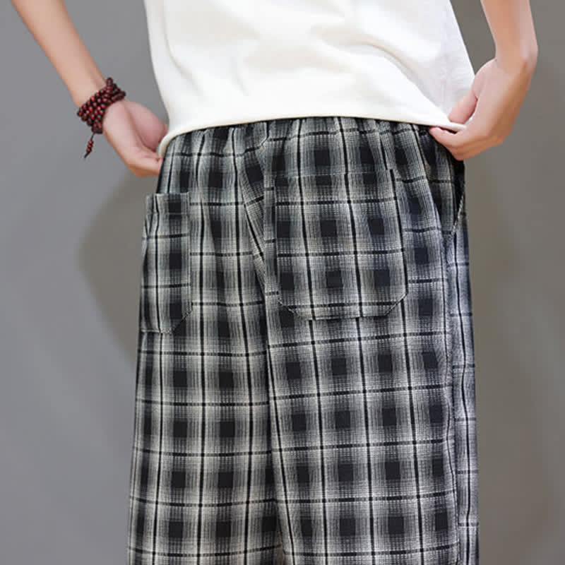 Nimara Ritual Summer Casual Drawstring Plaid Capri Pants Men's Harem Pants With Pockets