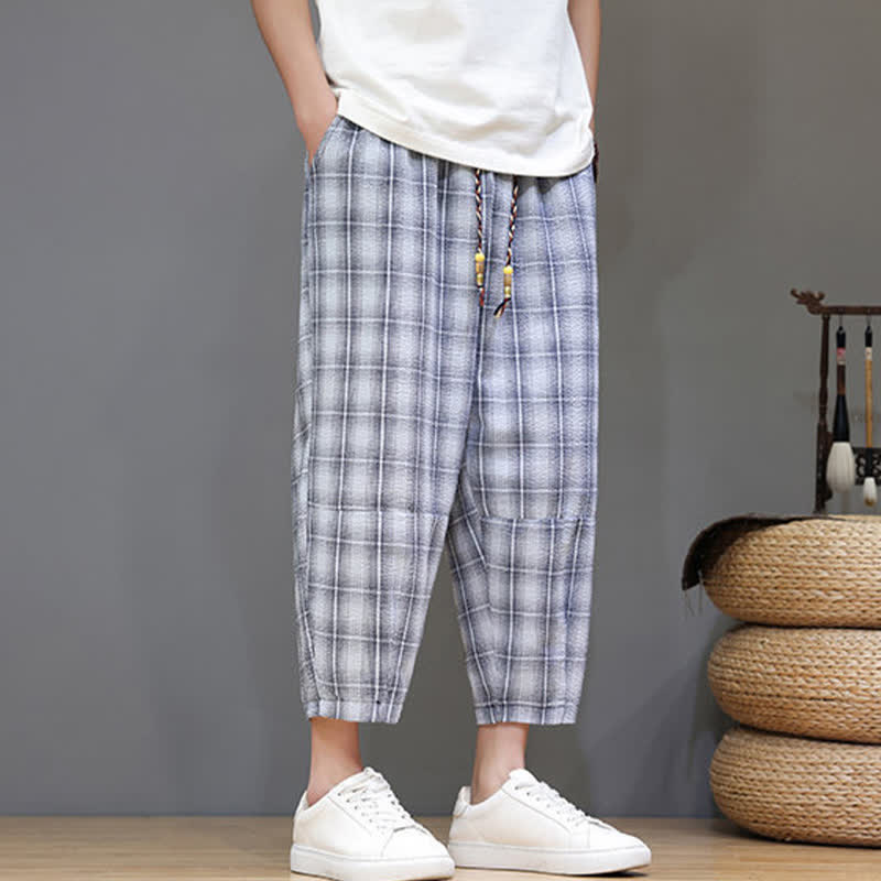 Nimara Ritual Summer Casual Drawstring Plaid Capri Pants Men's Harem Pants With Pockets