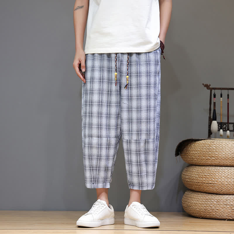 Nimara Ritual Summer Casual Drawstring Plaid Capri Pants Men's Harem Pants With Pockets
