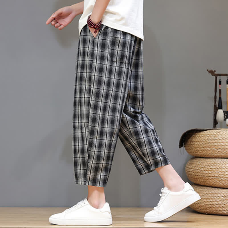 Nimara Ritual Summer Casual Drawstring Plaid Capri Pants Men's Harem Pants With Pockets
