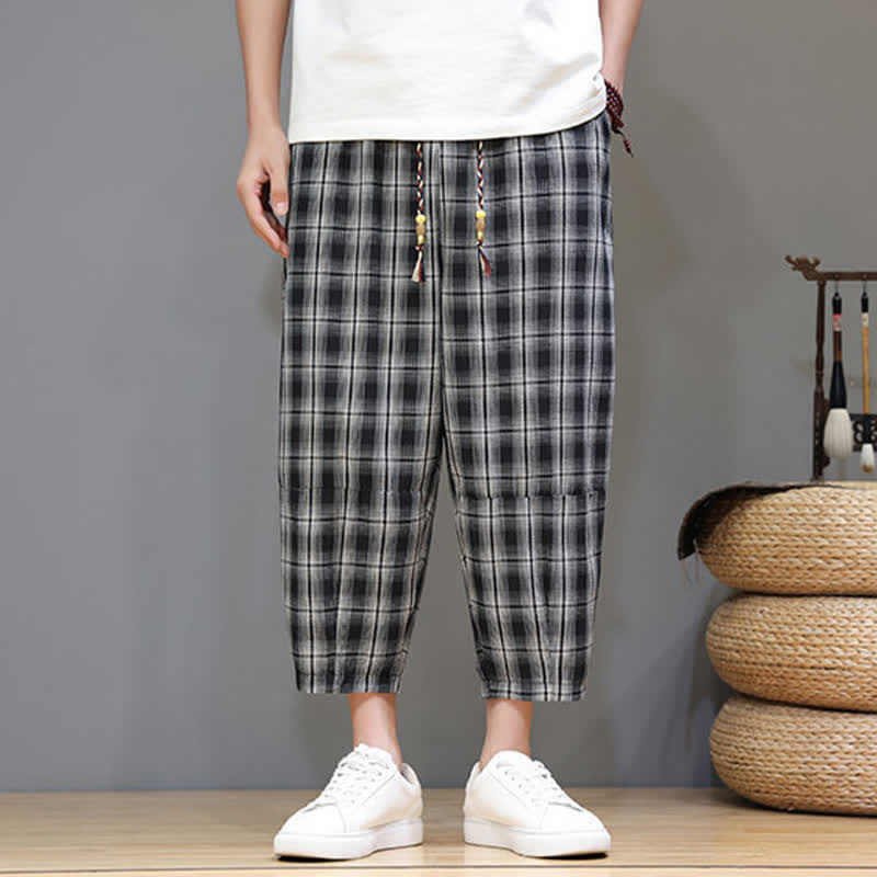 Nimara Ritual Summer Casual Drawstring Plaid Capri Pants Men's Harem Pants With Pockets