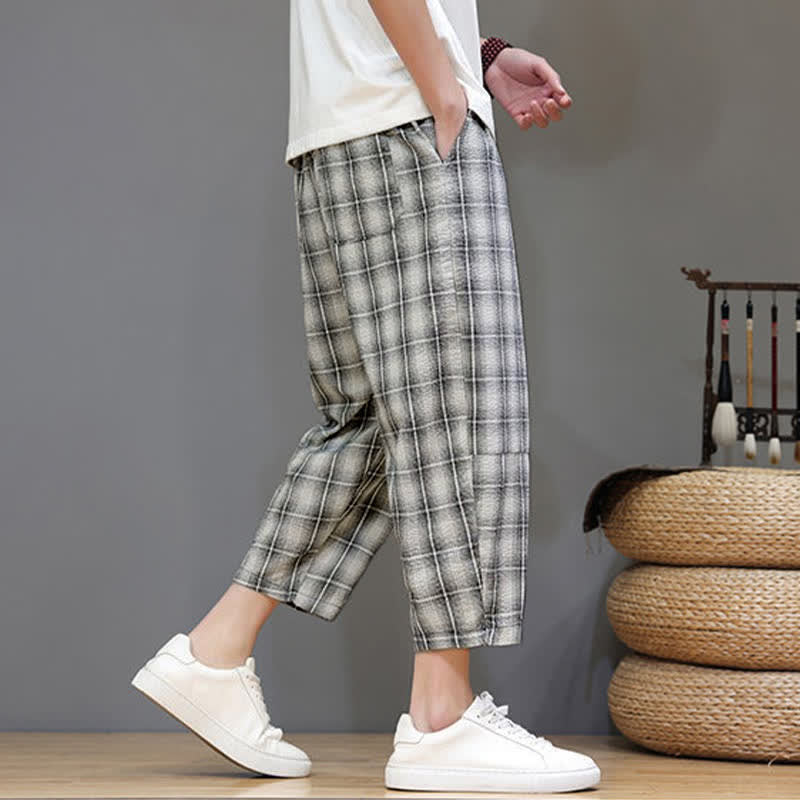 Nimara Ritual Summer Casual Drawstring Plaid Capri Pants Men's Harem Pants With Pockets