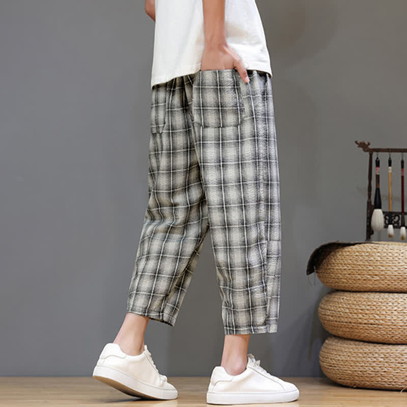 Nimara Ritual Summer Casual Drawstring Plaid Capri Pants Men's Harem Pants With Pockets