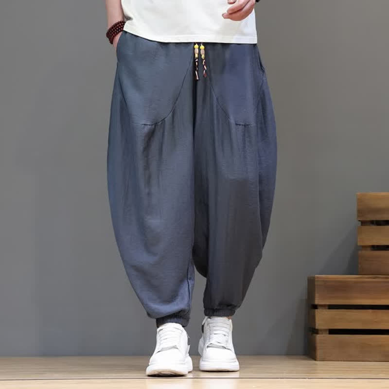 Nimara Ritual Summer Casual Vintage Drawstring Solid Cotton Cropped Pants Men's Harem Pants With Pocket