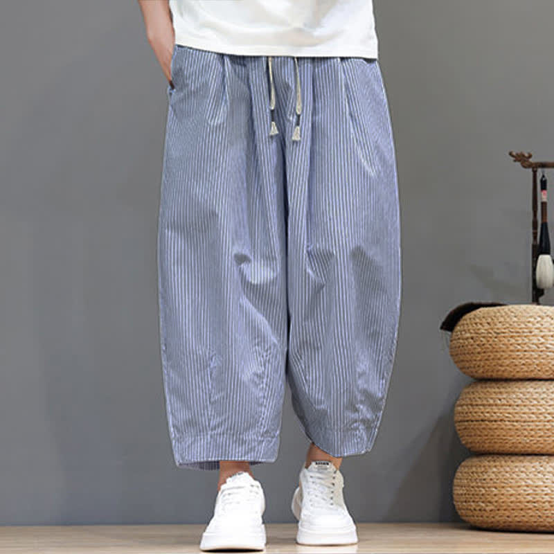 Nimara Ritual Summer Casual Drawstring Striped Capri Pants Men's Harem Pants With Pocket