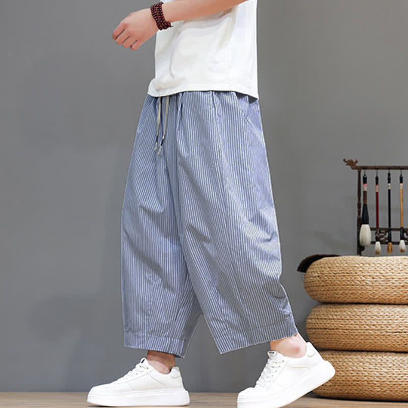 Nimara Ritual Summer Casual Drawstring Striped Capri Pants Men's Harem Pants With Pocket