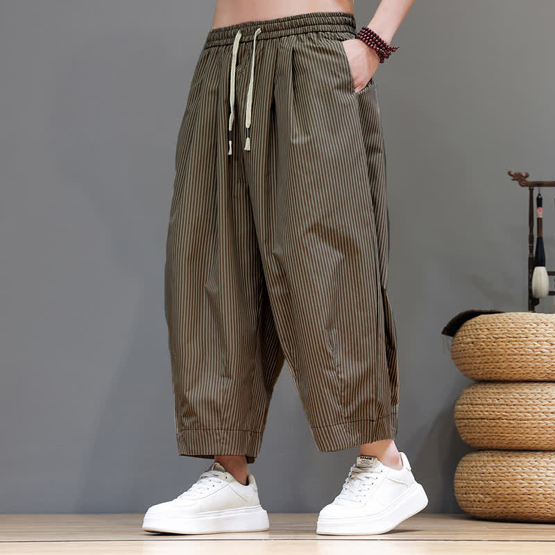 Nimara Ritual Summer Casual Drawstring Striped Capri Pants Men's Harem Pants With Pocket