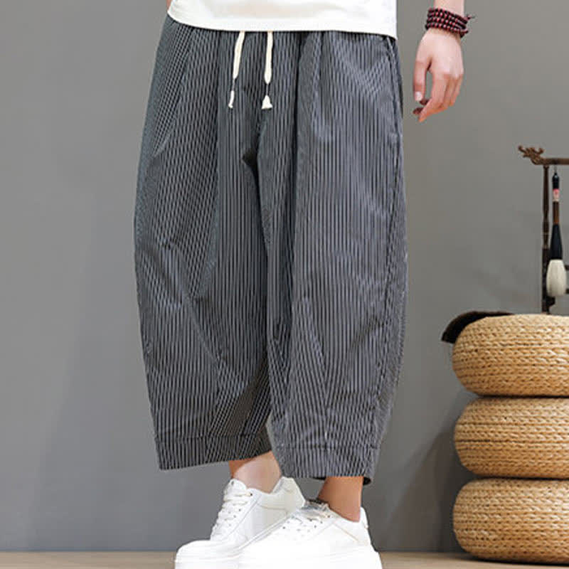 Nimara Ritual Summer Casual Drawstring Striped Capri Pants Men's Harem Pants With Pocket