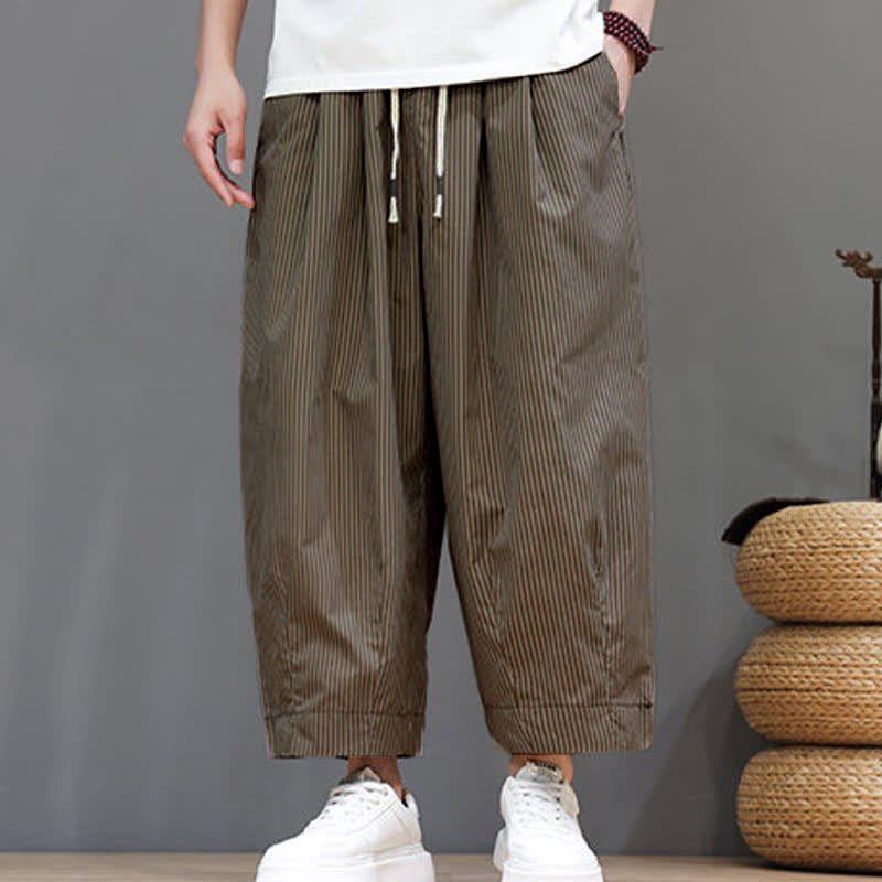 Nimara Ritual Summer Casual Drawstring Striped Capri Pants Men's Harem Pants With Pocket