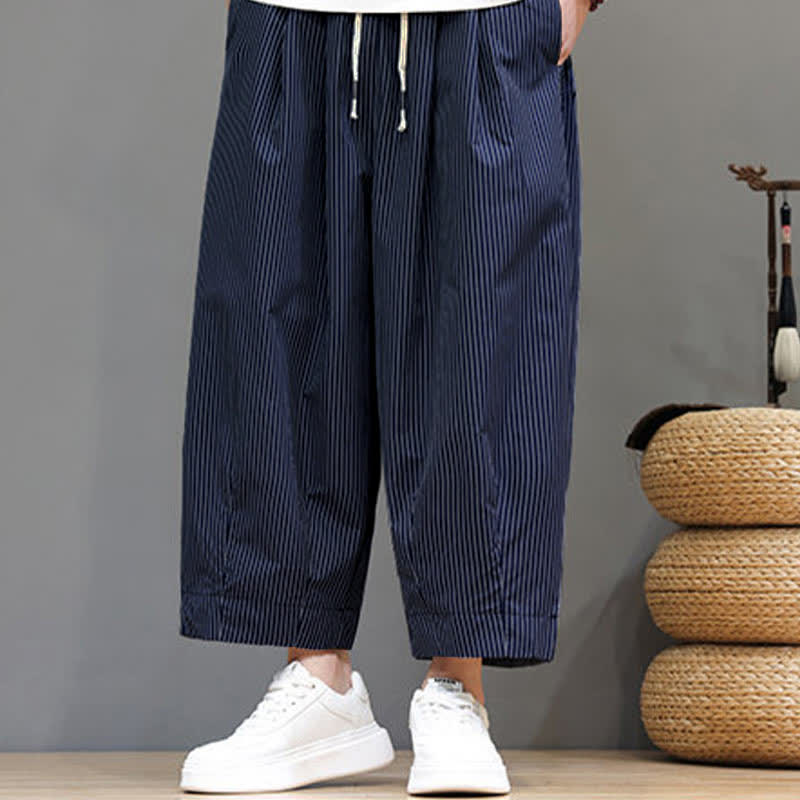 Nimara Ritual Summer Casual Drawstring Striped Capri Pants Men's Harem Pants With Pocket