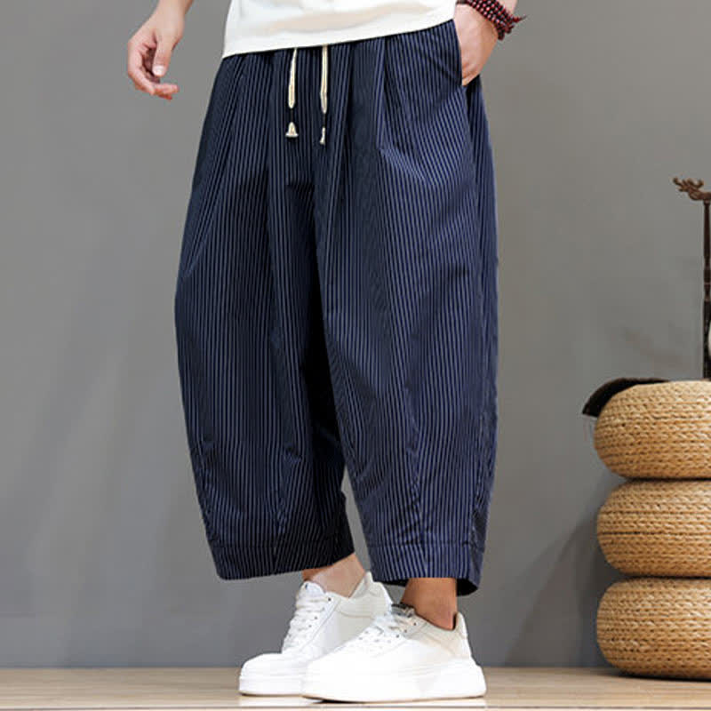 Nimara Ritual Summer Casual Drawstring Striped Capri Pants Men's Harem Pants With Pocket