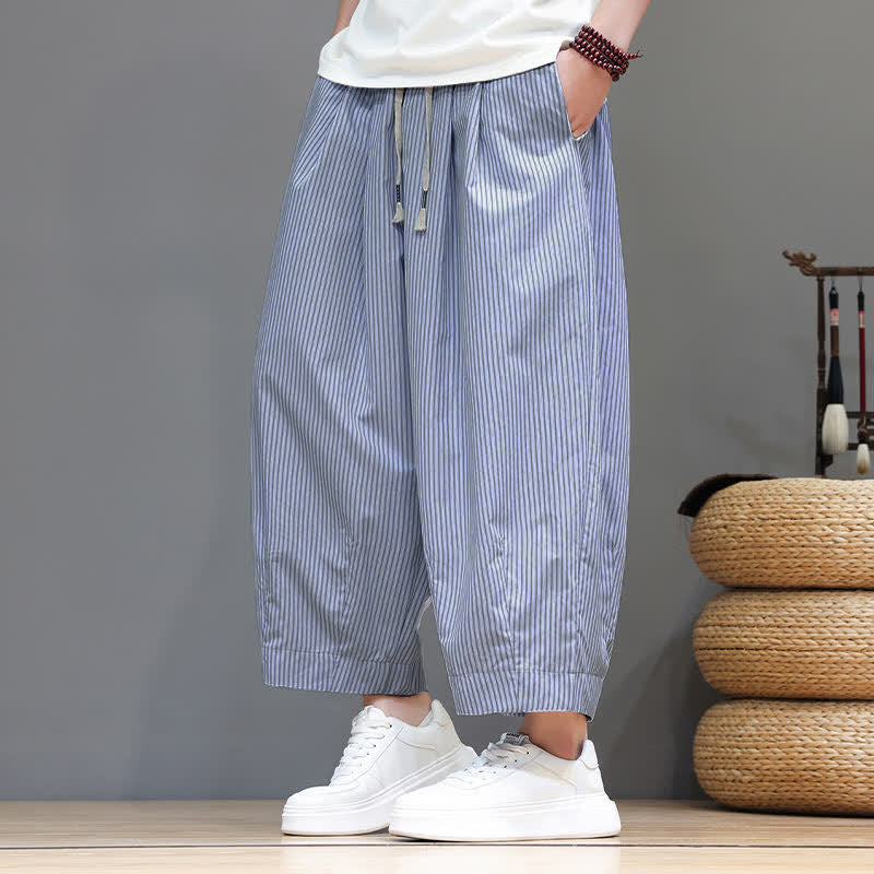 Nimara Ritual Summer Casual Drawstring Striped Capri Pants Men's Harem Pants With Pocket