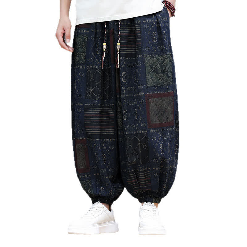 Nimara Ritual Summer Boho Casual Drawstring Geometric Cropped Pants Men's Harem Pants With Pocket