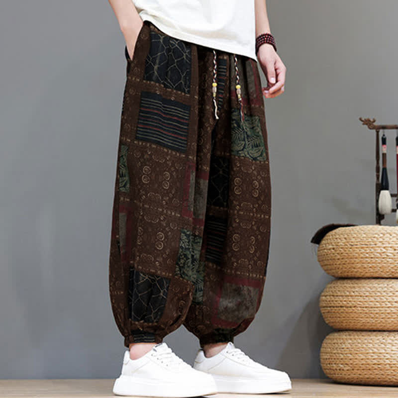 Nimara Ritual Summer Boho Casual Drawstring Geometric Cropped Pants Men's Harem Pants With Pocket