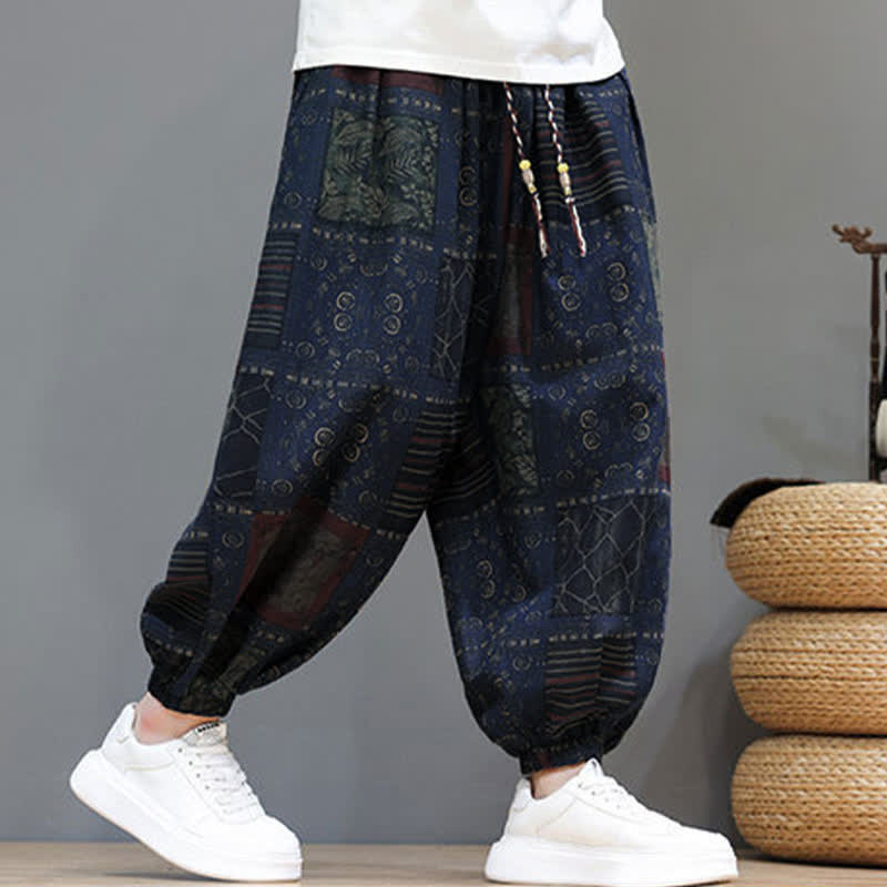 Nimara Ritual Summer Boho Casual Drawstring Geometric Cropped Pants Men's Harem Pants With Pocket