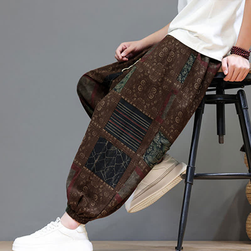 Nimara Ritual Summer Boho Casual Drawstring Geometric Cropped Pants Men's Harem Pants With Pocket