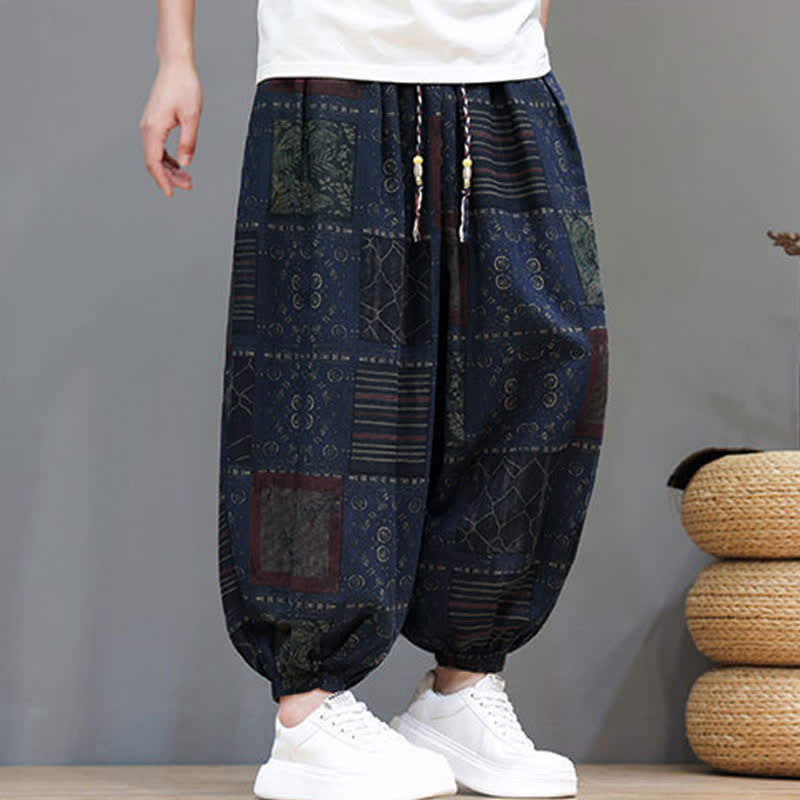 Nimara Ritual Summer Boho Casual Drawstring Geometric Cropped Pants Men's Harem Pants With Pocket