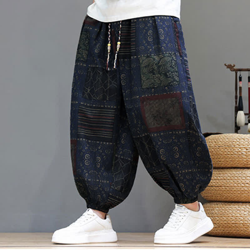 Nimara Ritual Summer Boho Casual Drawstring Geometric Cropped Pants Men's Harem Pants With Pocket