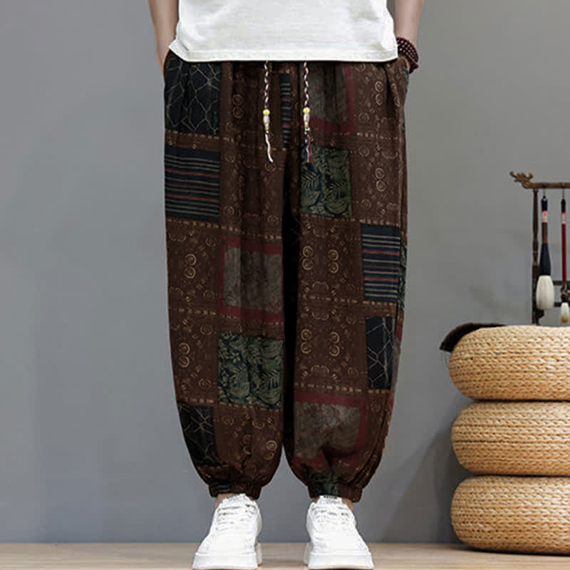 Nimara Ritual Summer Boho Casual Drawstring Geometric Cropped Pants Men's Harem Pants With Pocket