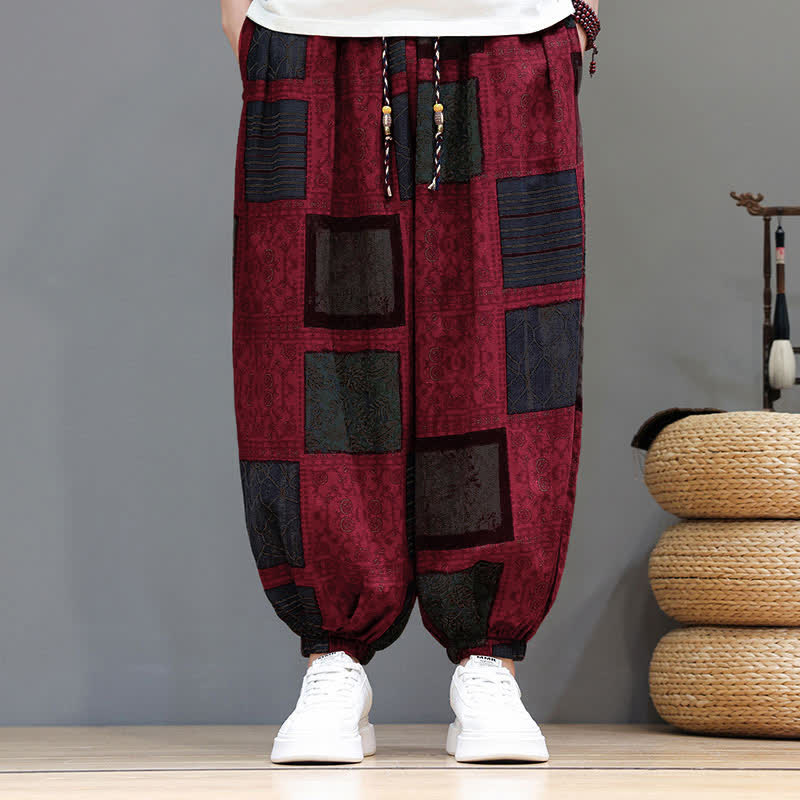 Nimara Ritual Summer Boho Casual Drawstring Geometric Cropped Pants Men's Harem Pants With Pocket