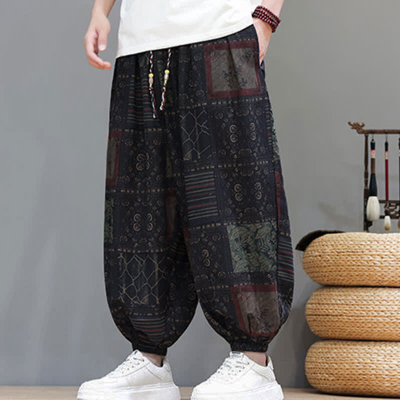 Nimara Ritual Summer Boho Casual Drawstring Geometric Cropped Pants Men's Harem Pants With Pocket