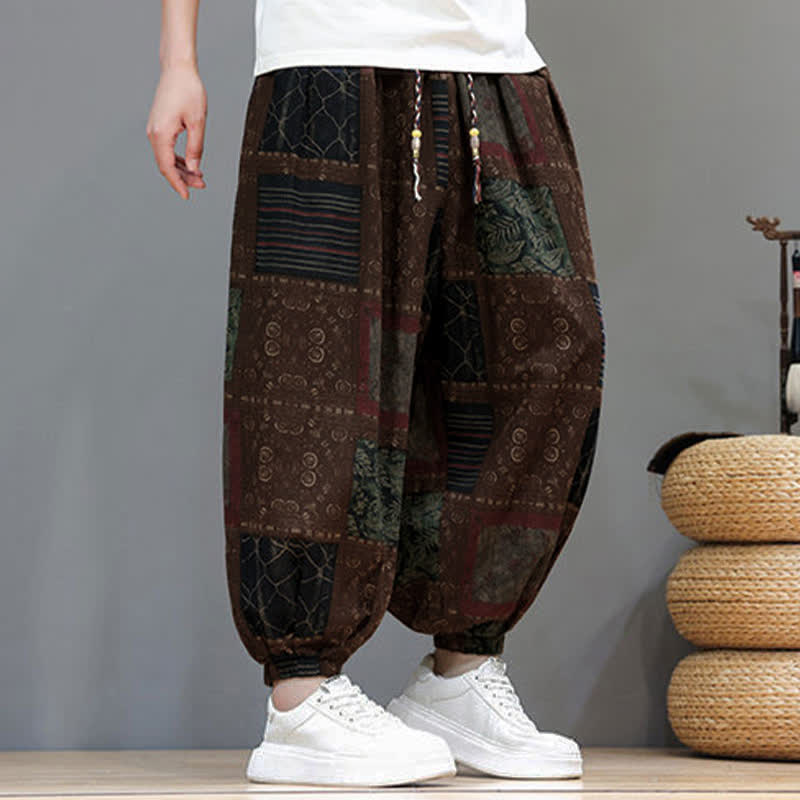 Nimara Ritual Summer Boho Casual Drawstring Geometric Cropped Pants Men's Harem Pants With Pocket