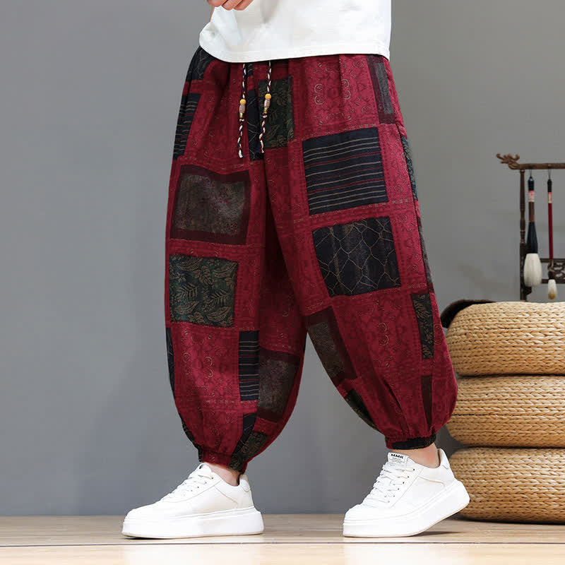 Nimara Ritual Summer Boho Casual Drawstring Geometric Cropped Pants Men's Harem Pants With Pocket