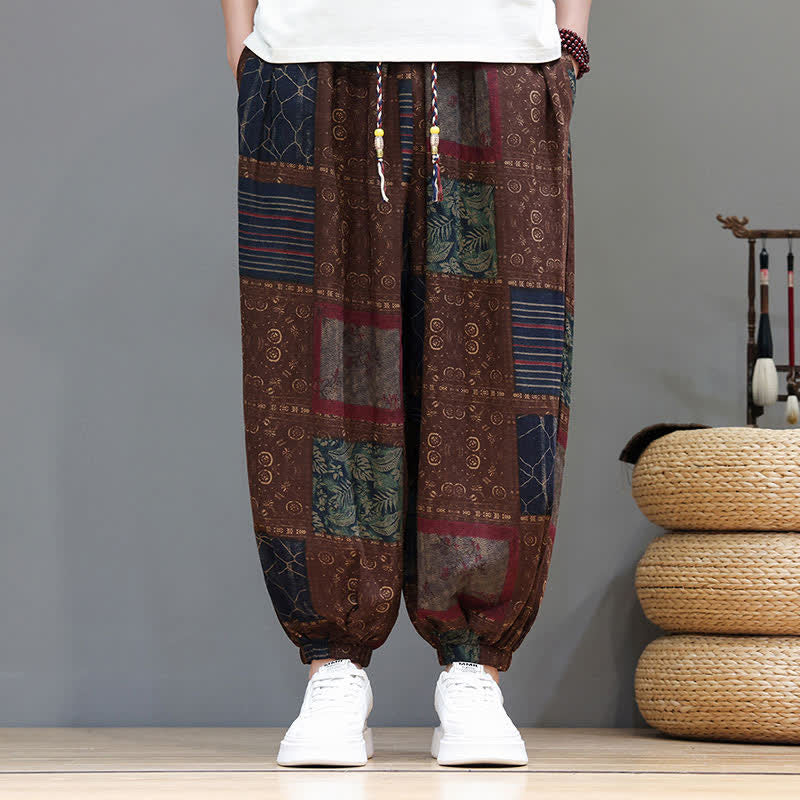 Nimara Ritual Summer Boho Casual Drawstring Geometric Cropped Pants Men's Harem Pants With Pocket