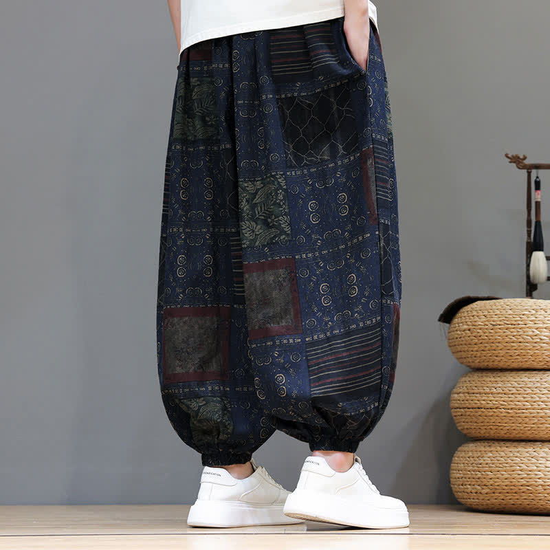 Nimara Ritual Summer Boho Casual Drawstring Geometric Cropped Pants Men's Harem Pants With Pocket